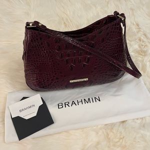 Brahmin Burgundy Croco Embossed Leather Crescent Shoulder Bag.